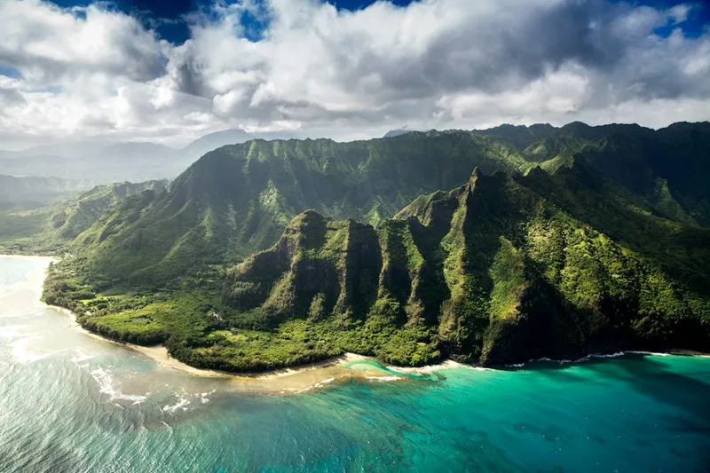 Aerial view of the Nā Pali Coast in Hawaiʻi