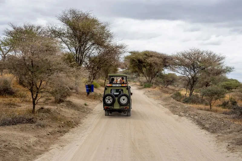Safari vehicle on a dirt road in the Tanzanian countryside